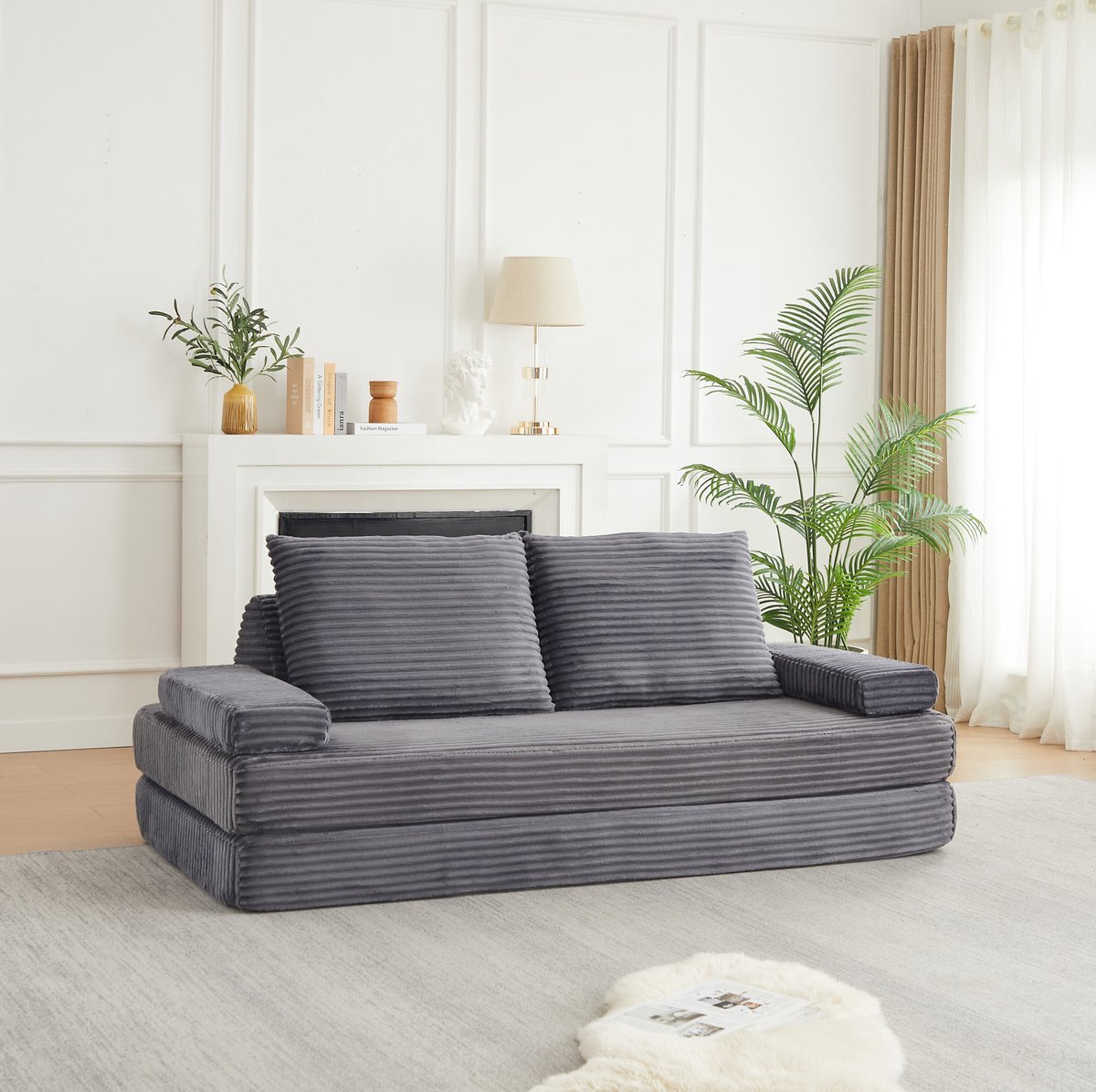 STILVORA Slaapbank 211 Cm - Modulair Met Verstelbare Armleuningen En 2 Kussens - Voor Woonkamer En Logeerkamer - Corduroy - Grijs