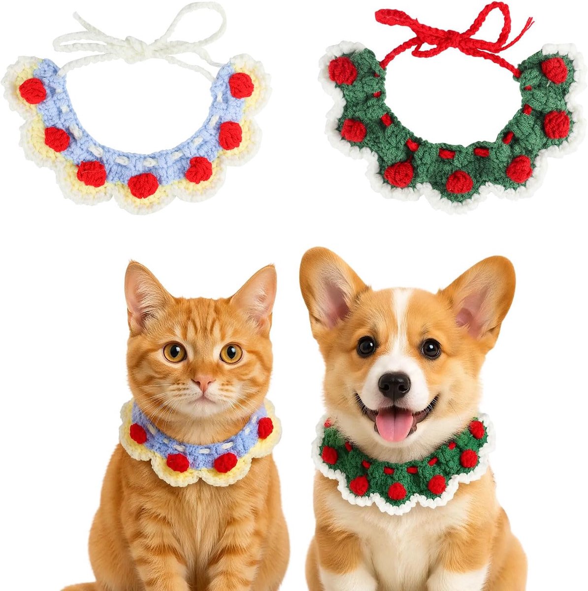Halsbanden voor katten, verstelbare gebreide halsband kat met schattig patroon voor kittens en katten voor dagelijks gebruik (blauw + groen, M)