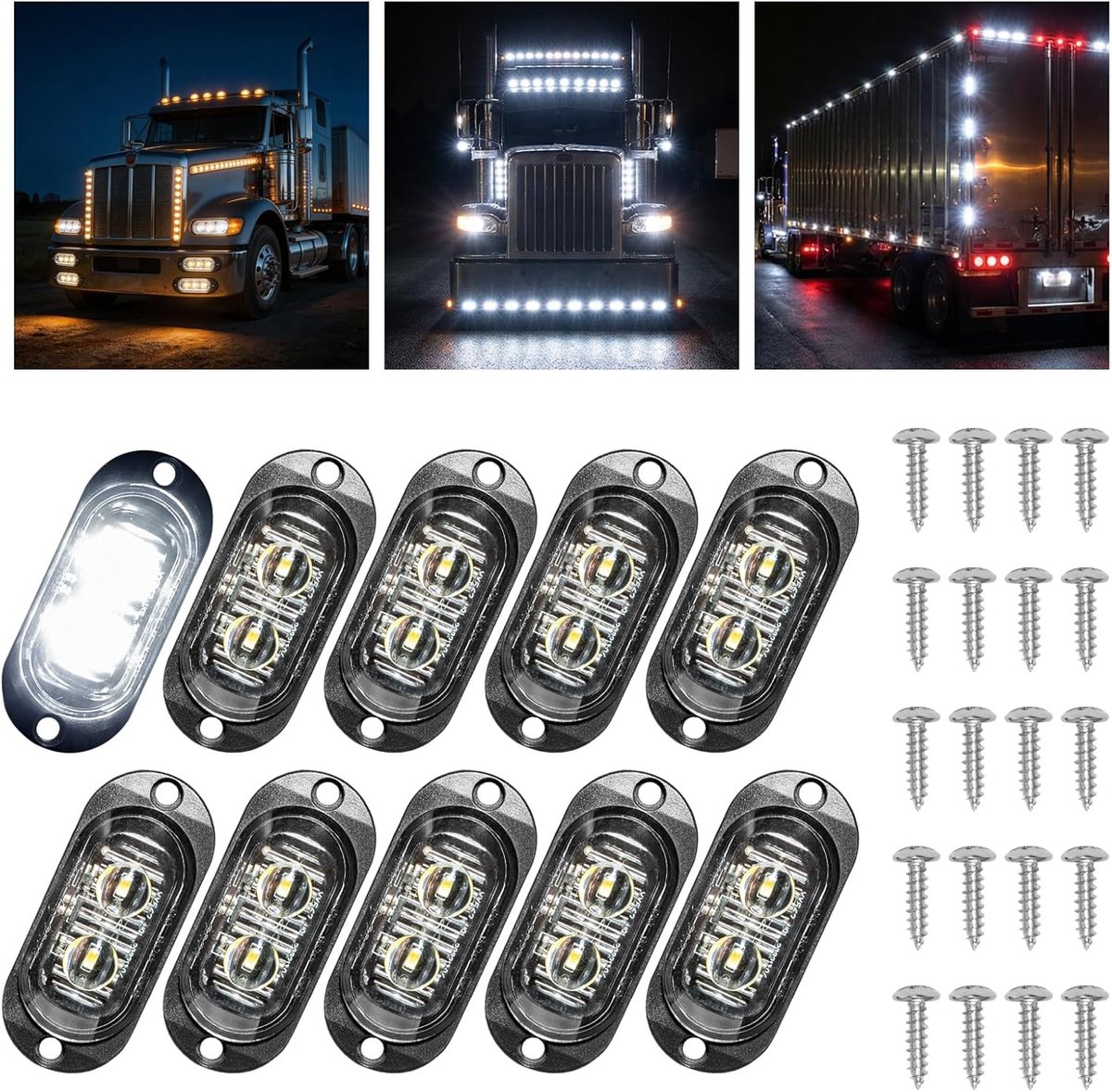 10 x begrenzingslampen, aanhangers, positielichten met 2 lampen, 65 mm, 12/24 V, 3000 K, waterdicht, universele zijmarkeringslichten voor vrachtwagens, auto's, caravans, campers, als