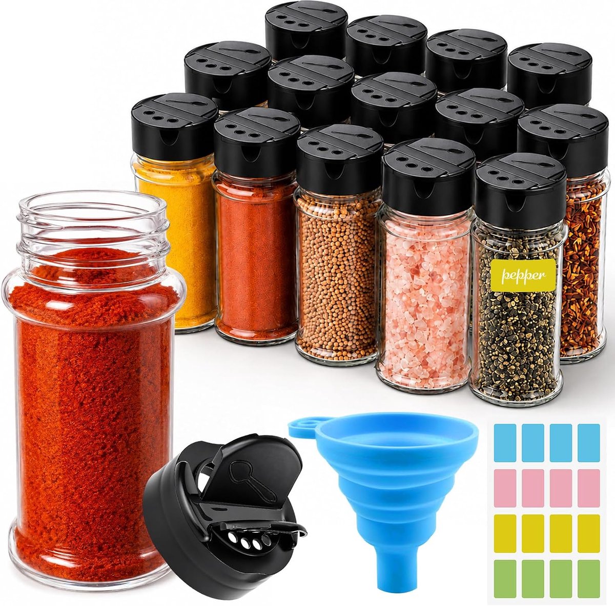 14 Stuks 100ml Kunststof Kruidenpotjes met Twee Openingen Deksel | Klein Spice Jars Met Labels En Trechter, Leeg Kruidenstrooiers Rond Voor Zout En Peper Keuken Kruidenrek, Lade, Camping