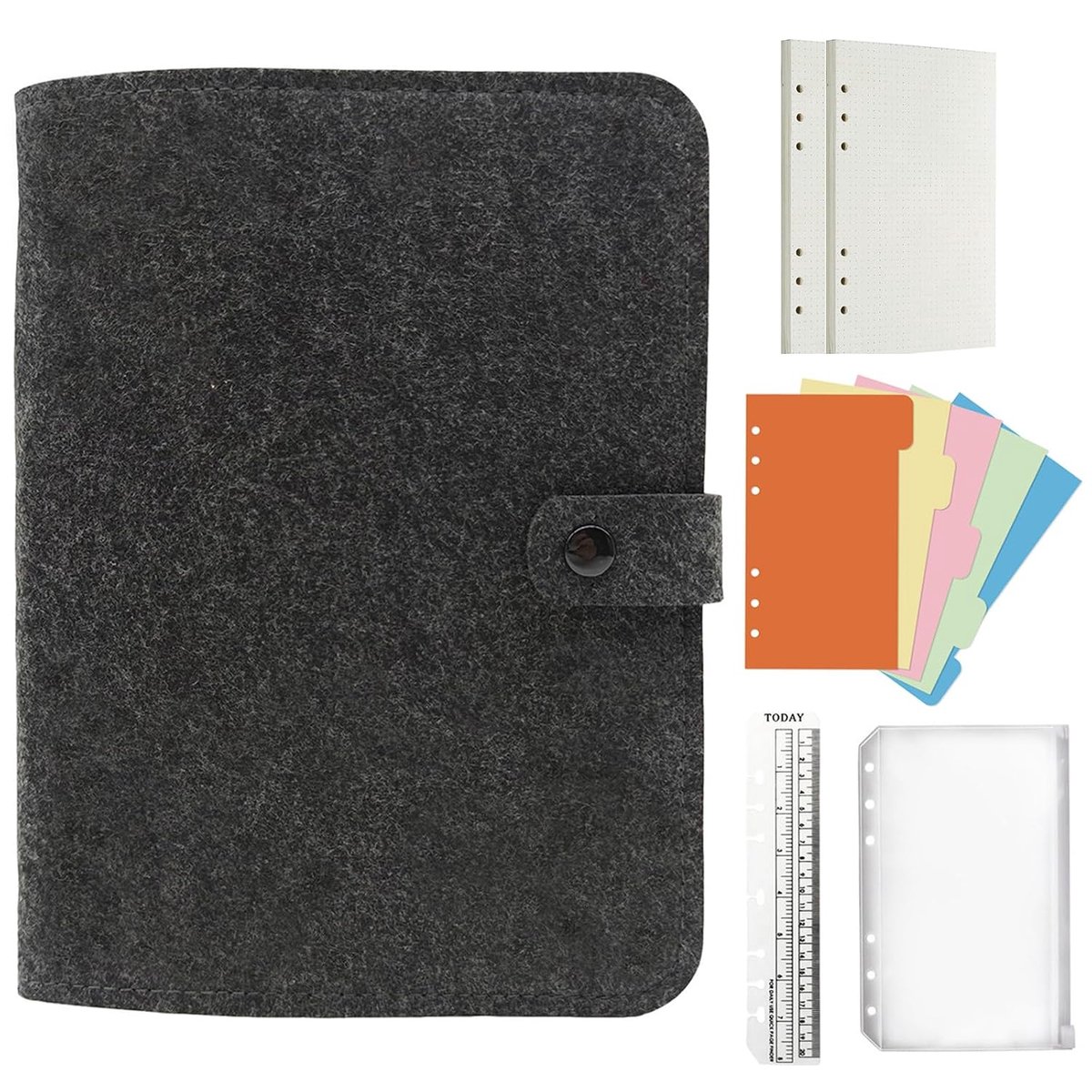 Notitieboek, vilt, navulbaar, ringband, A5/A6, dagboek, vilten hoes met 90 vellen, 6 gaten, gestippeld, papier voor reizen, kantoor, universiteit school (A5, Donkergrijs)