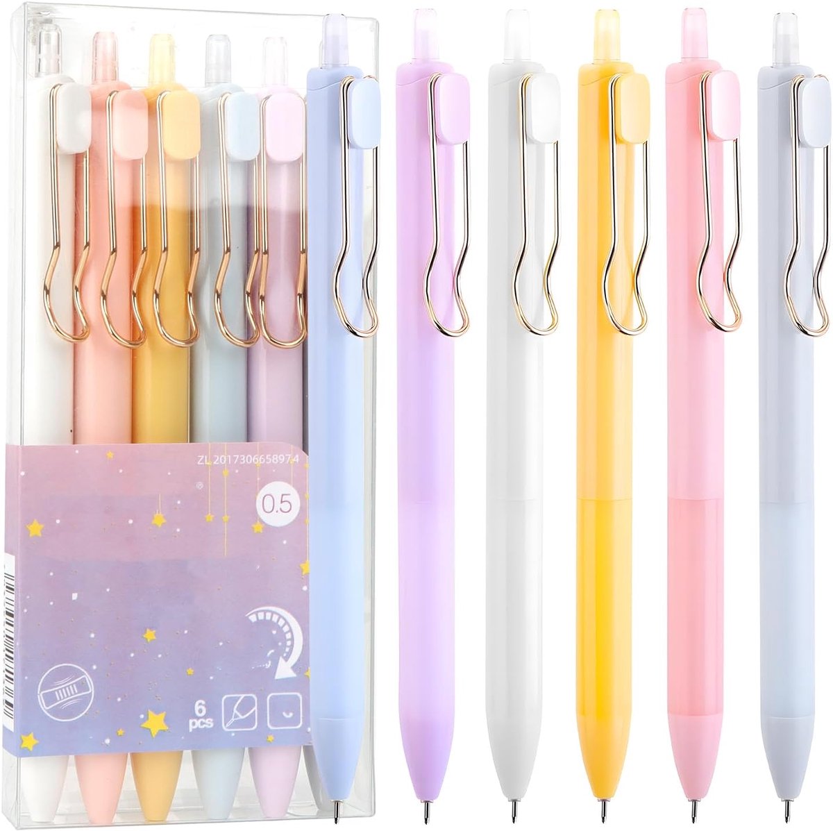 Set van 6 gelstiften, 0,5 mm zwarte vulling, pastelkleuren, sneldrogende inkt, metalen gatclip, ergonomische handgreep voor kantoor en bullet journal