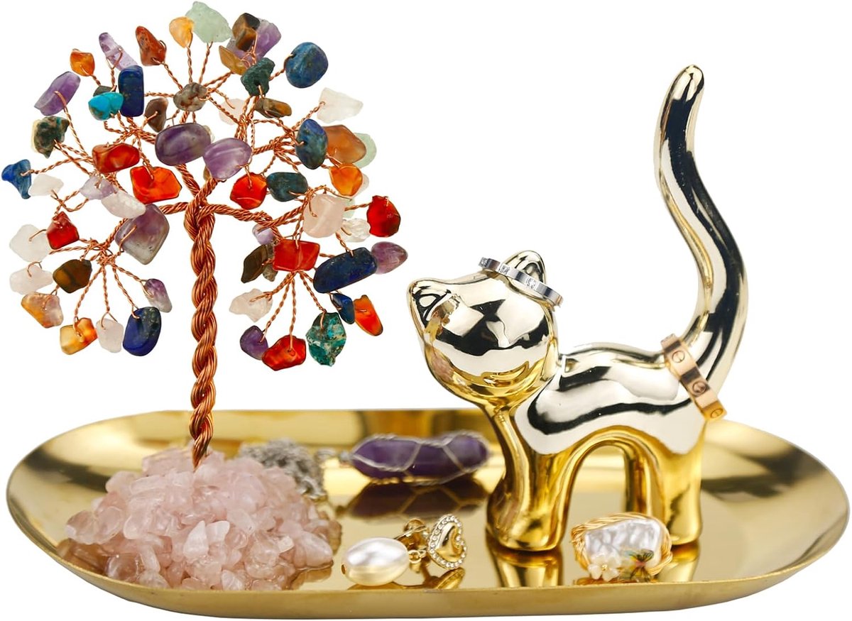Kat Ringhouder Kattenliefhebbers Geschenken voor Vrouwen, Kristallen Boom Ring Schotel Oorbellen Sieraden Doos Organizer Trinket Tray, Kat Decor Thema Verjaardagscadeaus Bruidsmeisje