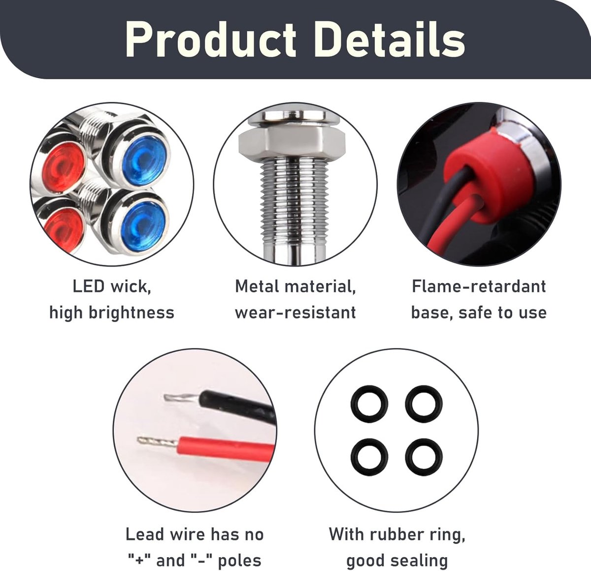 10 stuks LED-lampjes, 6 mm, 12-24 V, LED-paneelindicator, metalen paneel, waterdicht waarschuwingslampje voor voertuigen, boten, miniatuurauto's, radiografisch bestuurde auto's, rood, oranje, blauw
