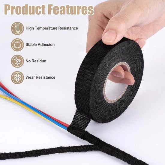 Isolatietape, stoftape, zwart, isolatietape, afdichtingstape, viltband, textielplakband, stoffen tape voor auto, huishouden, elektrische kabel, stoffen tape, 15 m x 19 mm — afbeelding 3