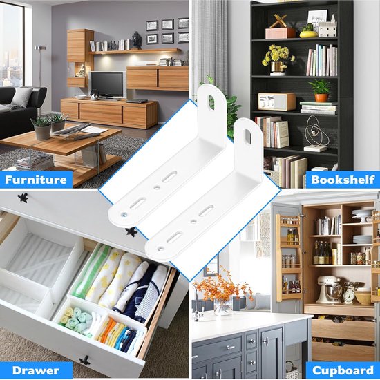 10 stuks metalen hoeken, verstelbare hoekhouders met 3 sleuven, 90 graden, L-vormige houders voor meubels, bevestigingshouders, wit, 111 x 52 x 25 mm — afbeelding 3