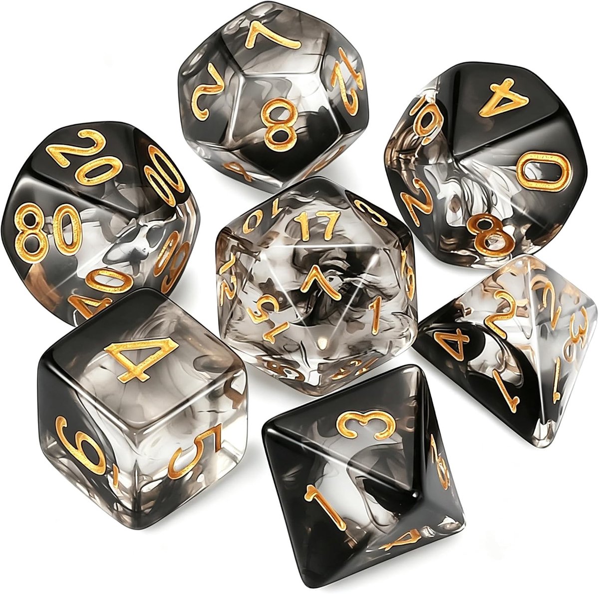 DND Dice polyedrische dobbelstenen set - 7 stuks voor Dungeon en Dragons MTG RPG D&D D20, D12, D10, D%, D8, D6, D4 (Zwarte drijvende zijde transparant)
