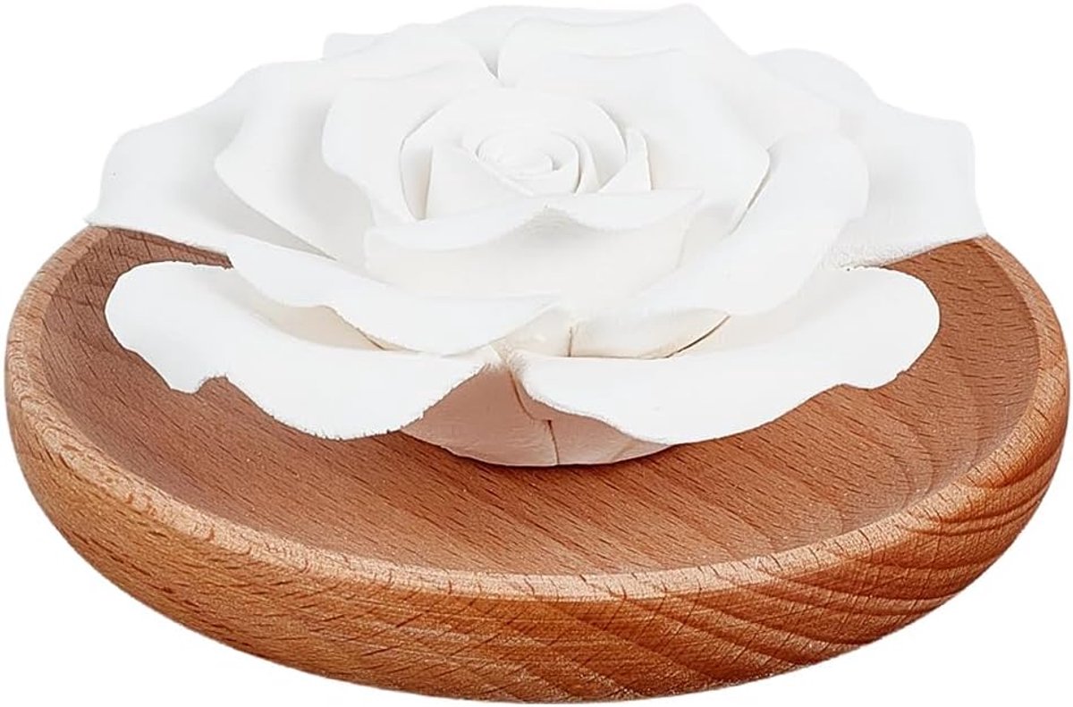 PandaHall Passieve houten standaard voor etherische olie, witte bloem, keramiek, etherische olie, kleine diffuser, draadloos, aromatherapie voor thuis, kantoor, roos