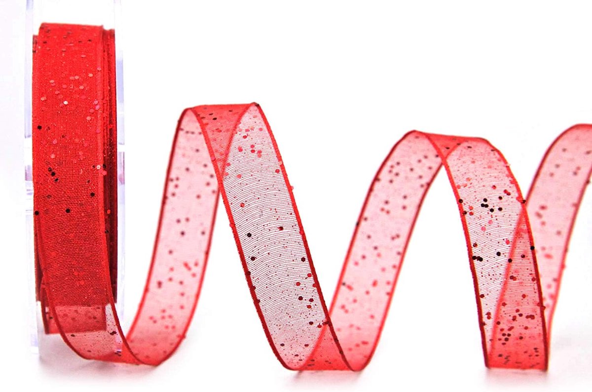 (€ 0,84/m) glitter rood, 20 m x 15 mm (rol), stoffen lint, transparant, glanzend organza met draadranden, elegant, Kerstmis, advent, verjaardag, premium glitter lint
