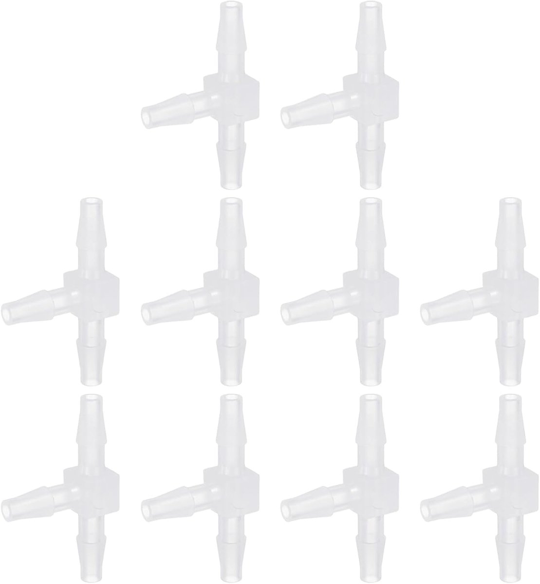 10 stuks kunststof slangverbinders met spikes, 1,9 cm x 0,9 cm, T-vormig, met tanden, adapter, verbindingsstuk voor waterleidingen, brandstof, vloeibaar, transparant