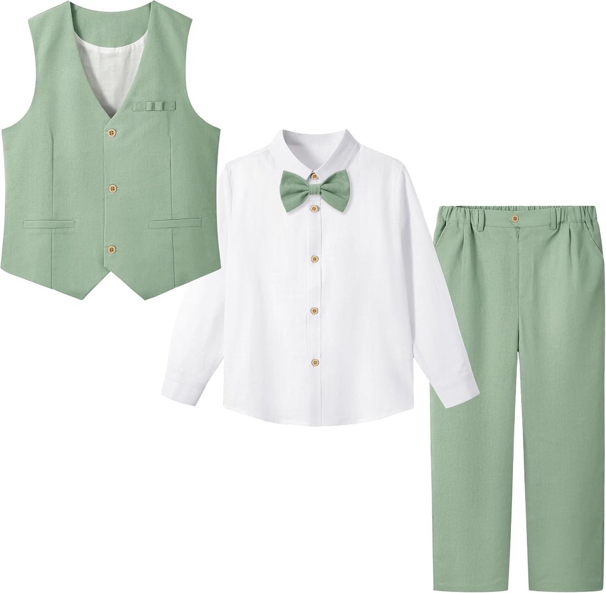 Page, jongens, bruiloft, vest, broek, kinderen, linnen, formeel pak vest, wit shirt, broek en stropdas set, doop ceremonie Prom verjaardag feestkleding, vest + broek + shirt + stropdas, 4stuks