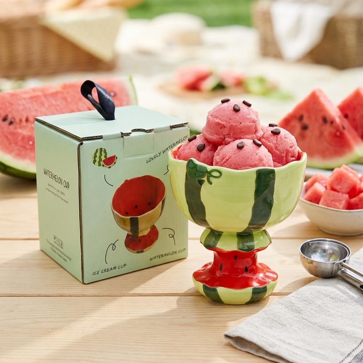 Vintage watermeloen ijsbeker van keramiek, 250 ml dessertkom voor ijs, pudding en ontbijt, grappige fruitschaal als decoratie, praktische kleine serveerschaal (rood)