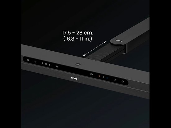 Zwarte BenQ bureaulamp met instelbare arm van 17,5 tot 28 cm en verlichte touch-bediening op de voorzijde.