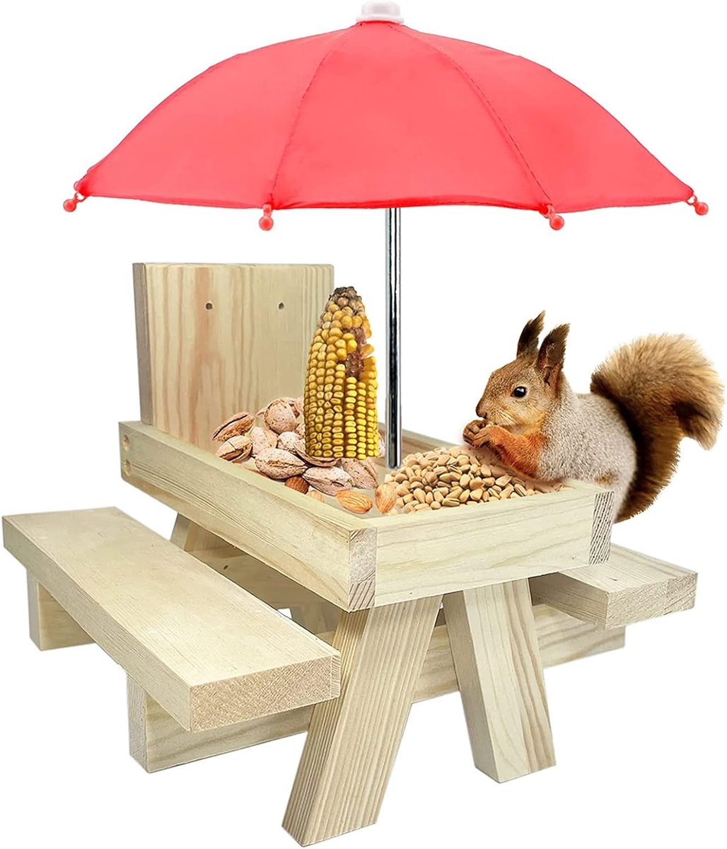 Feeder Tafel Met Paraplu, Buiten Houten Picknicktafel Feeder Voor Eekhoorns Met Maïskolf Houder Eekhoorn Voederstation Geschikt Voor Tuinen Bomen Hekken (Hout, Originele houtkleur)
