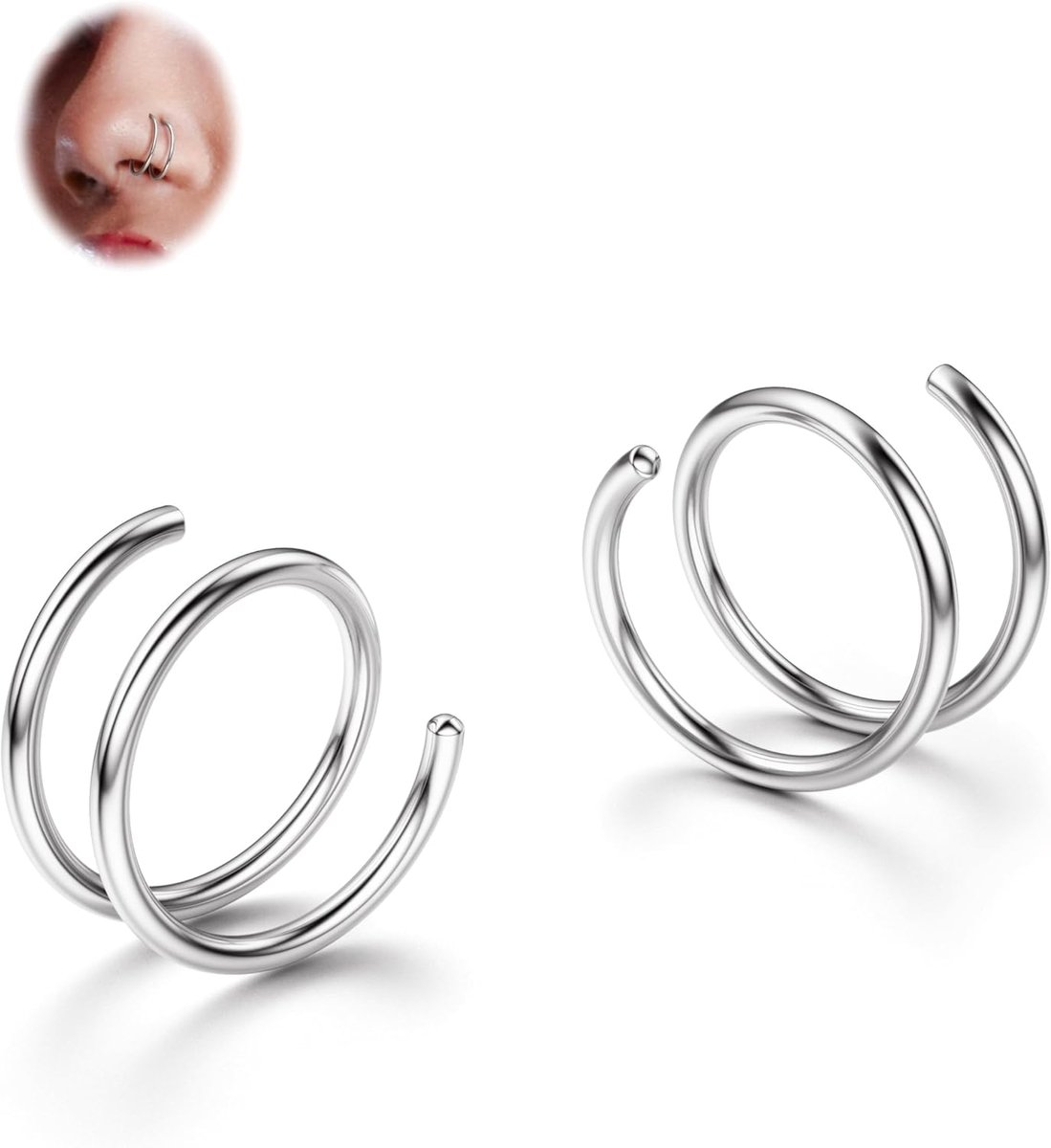 2-8 Stuks Verzachte 316L Roestvrijstalen Dubbele Hoepel Neusring Voor Enkele Piercing 22G 20G 18G Buigbare Twist Spiraal Neusringen Hoepels Voor Vrouwen 8 mm 10 mm