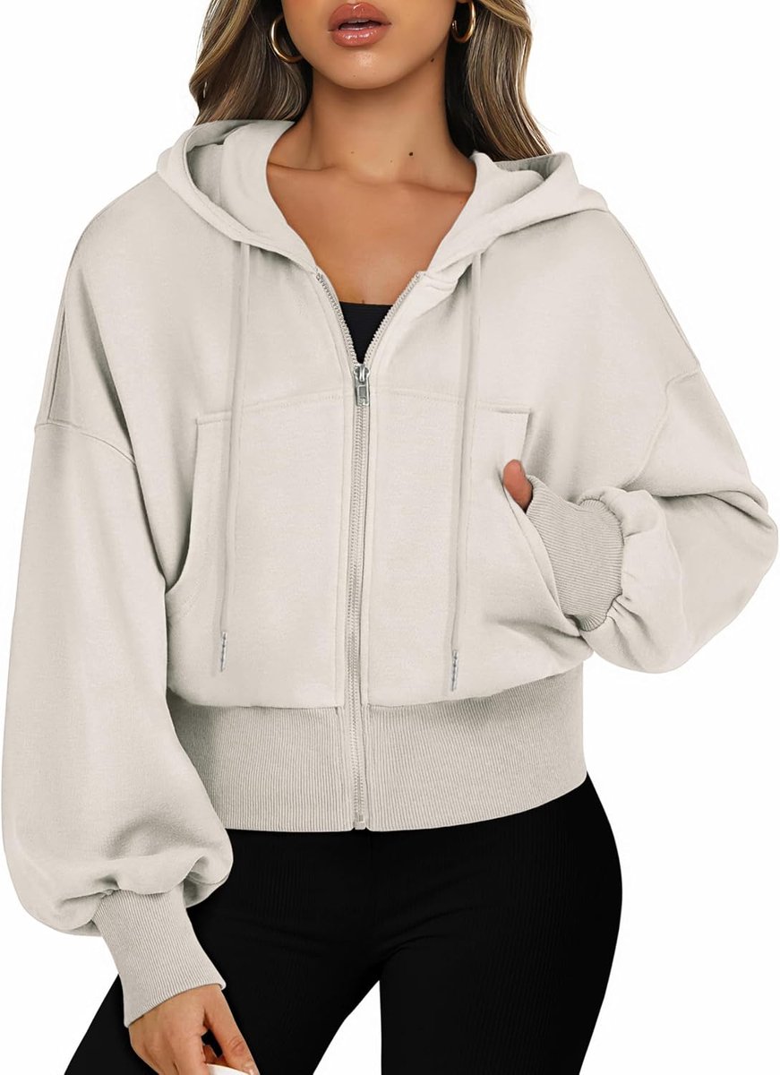 Sweatjack voor dames met capuchon, lange mouwen, capuchon, sweatshirt, ritssluiting, sport, korte jas, crop rits, hoodie