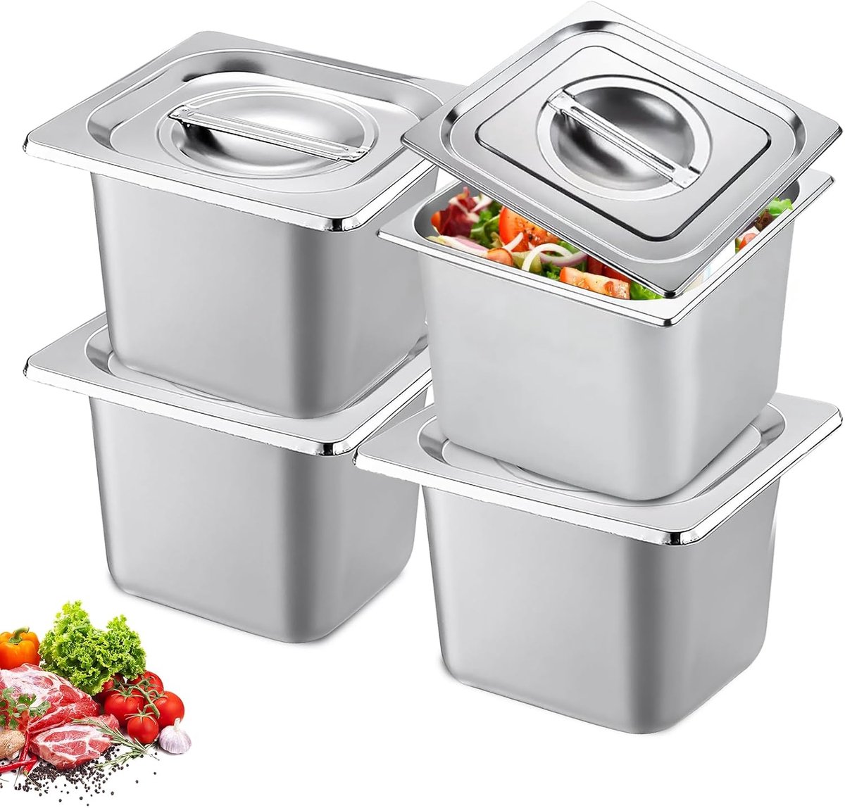 Set van 4 GN containers, 1/6 - 15 cm hoog, roestvrij staal, met deksel, gastronormcontainer voor professionele opslag van levensmiddelen