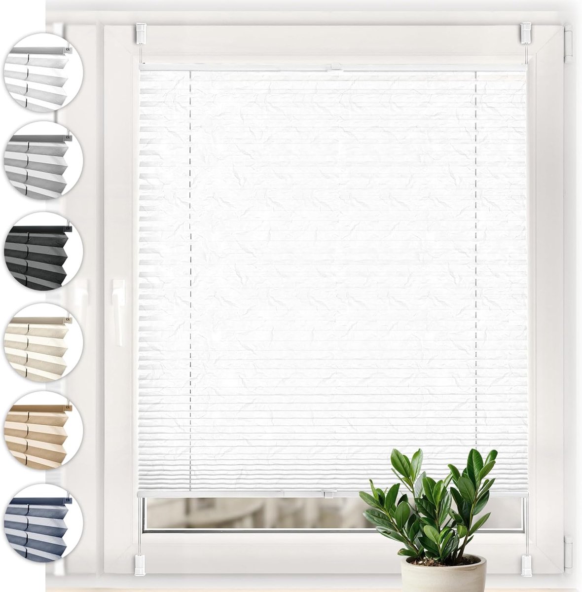 Plisségordijn Crush Klemmfix zonder boren 90cm x 120cm Wit rolgordijnen met klembeugel Plissé voor raam/deur geplooide met klemmen ondoorzichtig voor inkijkbescherming zonwering rolgordijn