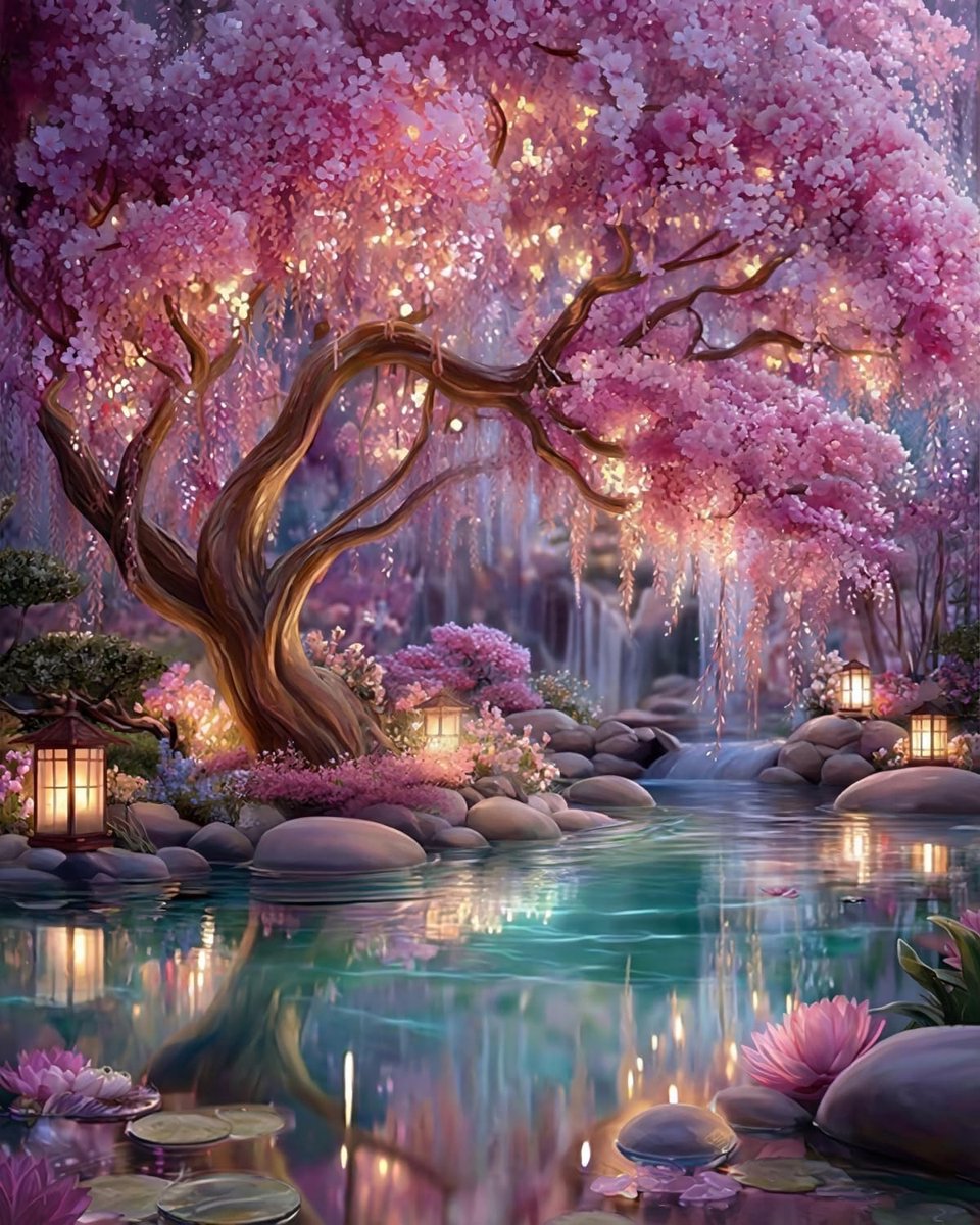 Diamond Painting Volwassenen Landschap, 5D Diamond Painting Foto's Dromerige Kersenbloesems, DIY Daiments Painting Volwassenen voor Thuis Uitschakelen, Slaapkamer, Muur of Kantoor, Decoratie, Cadeau