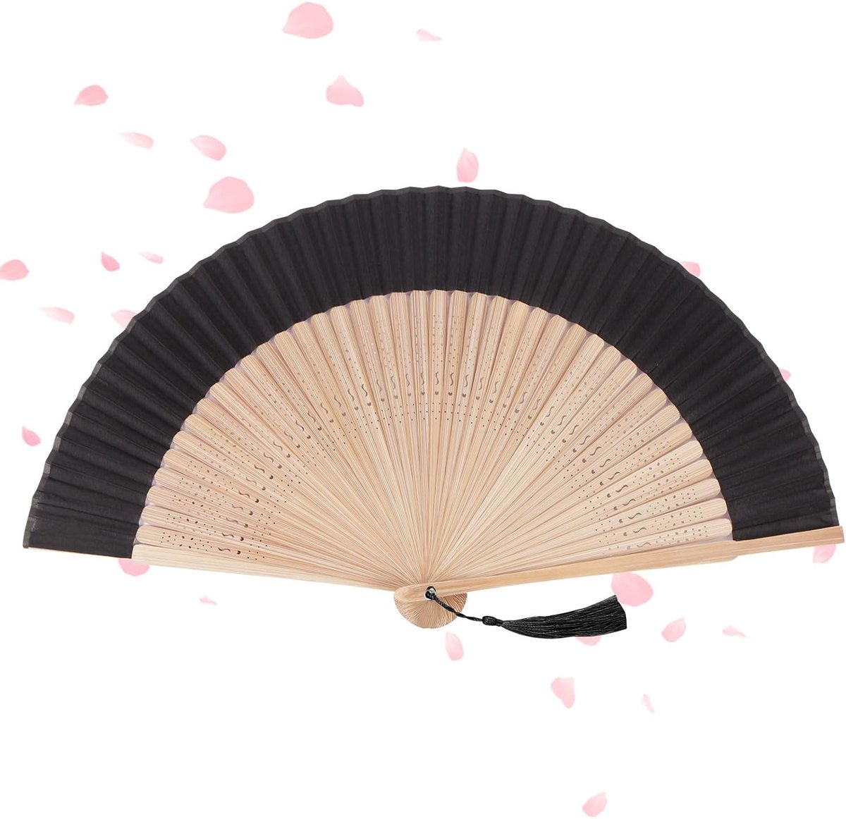 ventilatoren, handventilator, stof, handmatige ventilator, Chinese ventilatoren met kwastje voor verjaardagscadeaus dansen cosplay bruiloft feest rekwisieten decoratie (C zwart met