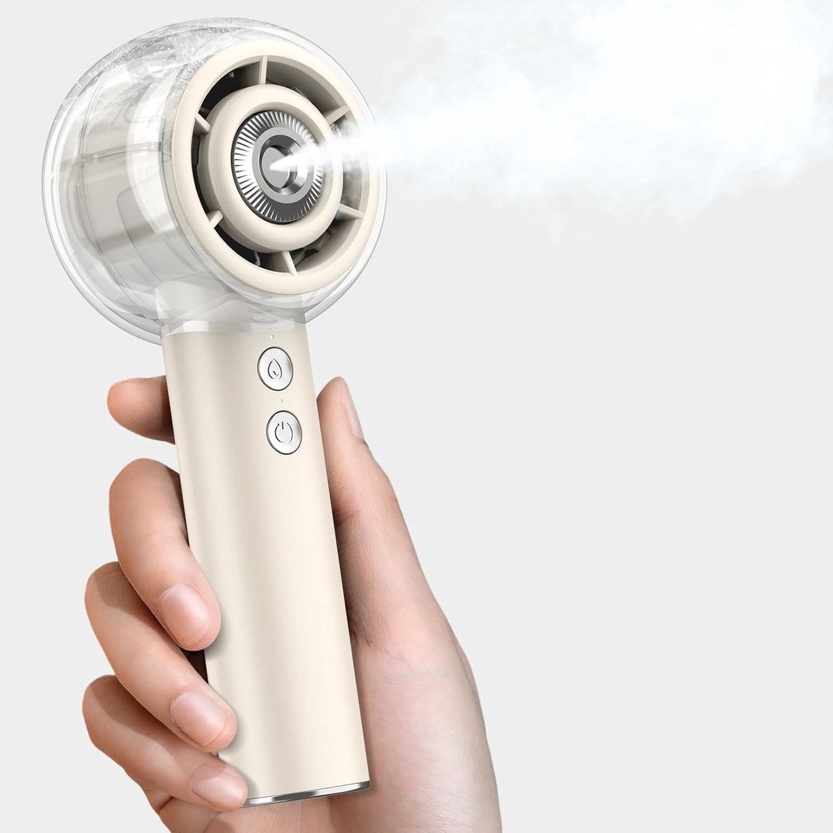 Vernevelingsventilator, Krachtige Mini USB Ventilator met Turbo Motor, 6000mAh Oplaadbaar, 4 Snelheden, voor Reizen en Buiten (Beige)