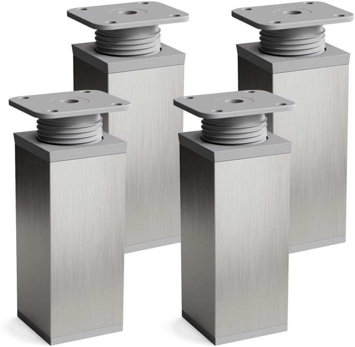 Poten grijs geborsteld RVS, set van 4 stuks, hoogte 120 mm, vierkant profiel, model MFV1, voor ladekasten, wandkasten