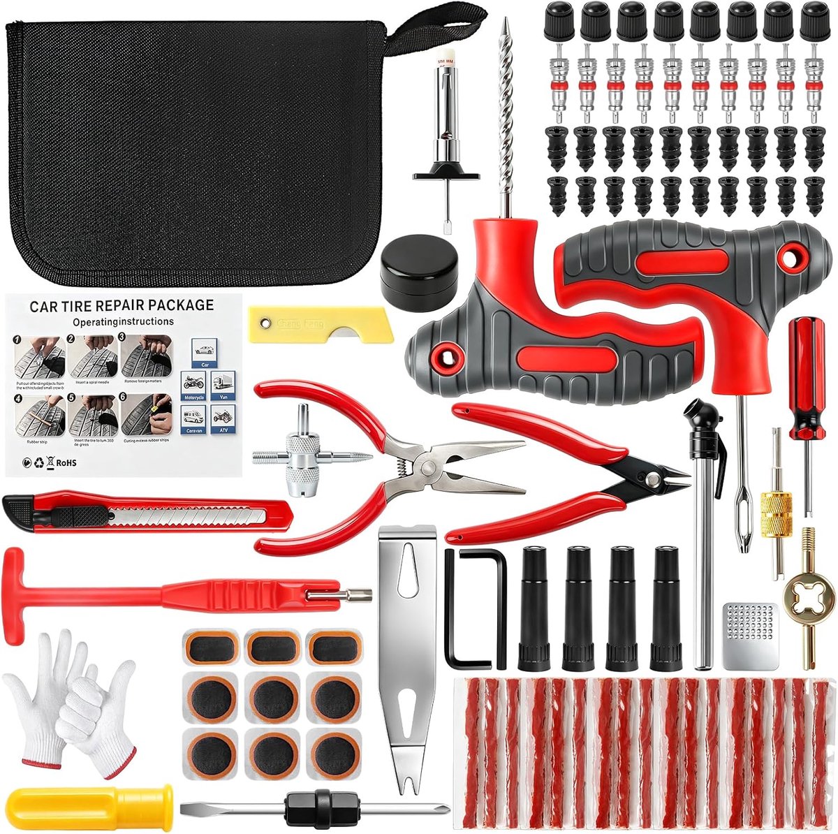 101 stuks bandenreparatieset, universele bandenreparatieset auto met reparatiestrips, bandennagels, ventielinzetstukken, ventieldoppen en profielmarkeringspennen, bandenlekken set voor auto