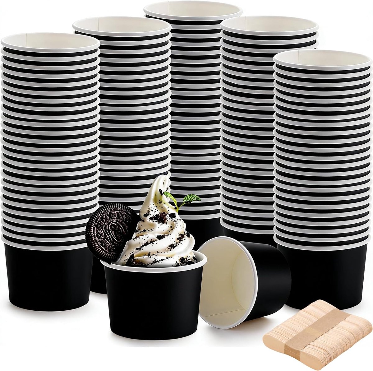 50 stuks milieuvriendelijke universele kartonnen ijsbekers, 240 ml ijsbekers van papier met 50 stuks lepels, karton, composteerbare bekers, papieren snackbekers voor ijs, yoghurt, fingerfood, zwart