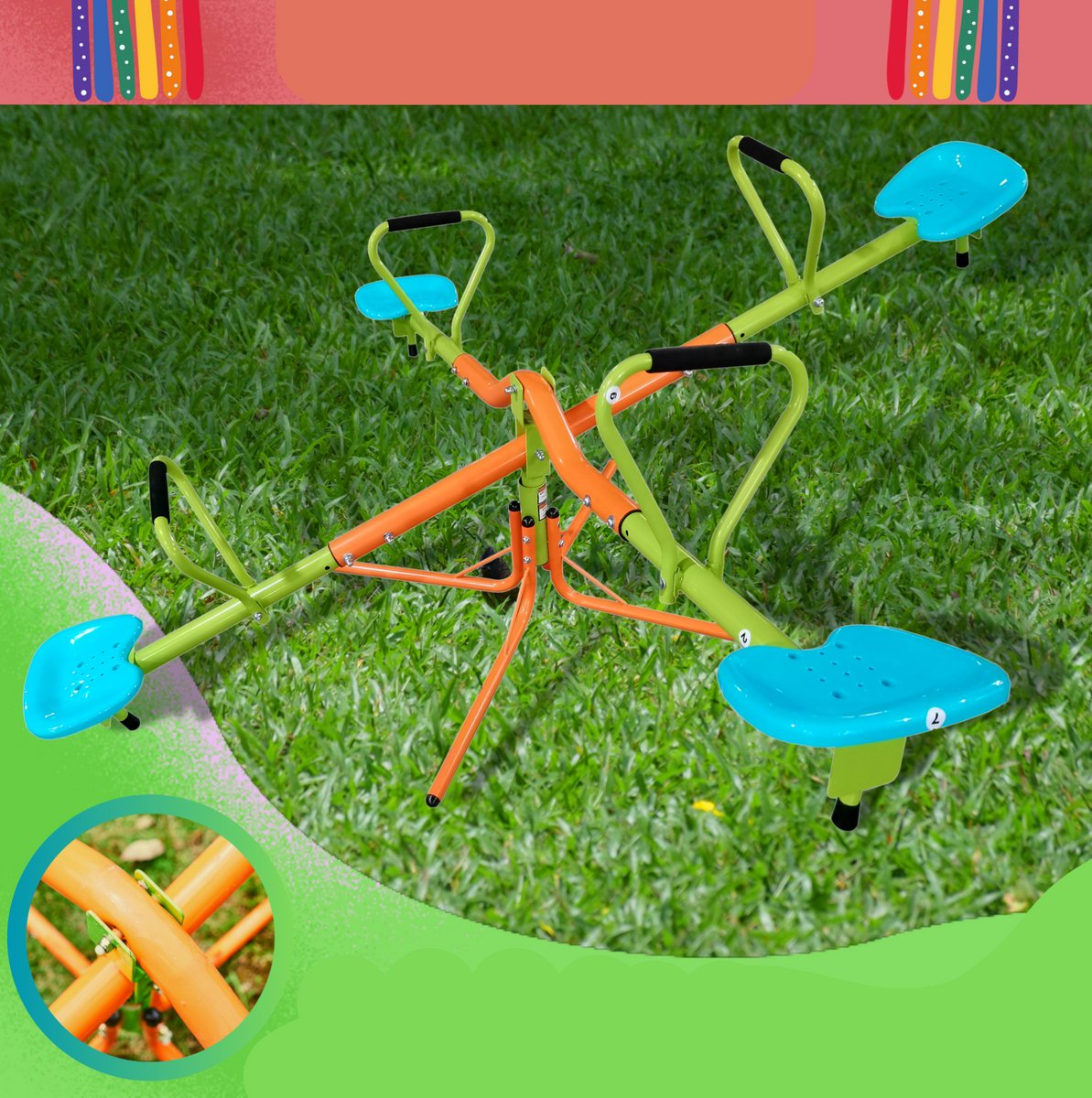 REDOM - Outdoor seesaw - 4 zitplaatsen - 360° draaibaar - Stalen frame - Voor buiten - Kunststof zitjes - Groen - 190 x 100 cm