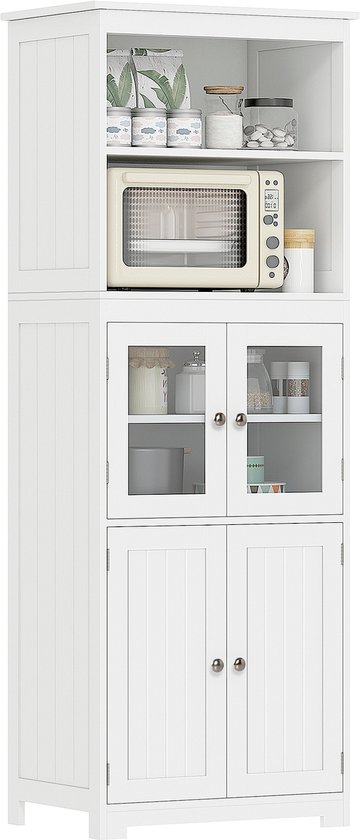Armoire de cuisine blanche avec micro-ondes, portes vitrées et portes en bois, isolée sur fond blanc.
