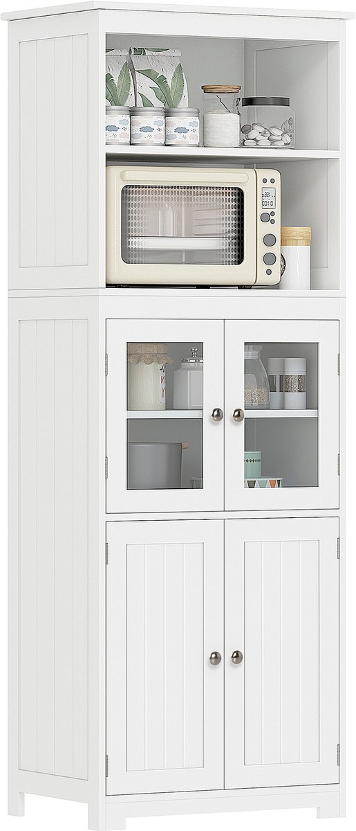 Keukendressoir, keukenkast, 4 deuren, waarvan 2 glazen deuren, hoogte 162 cm, met verstelbare planken, MDF, wit