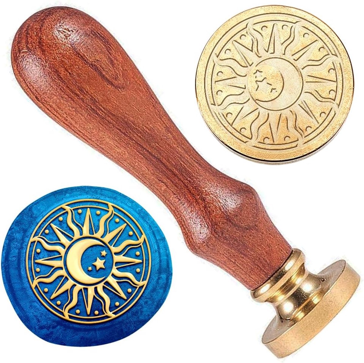 zegelstempel met zonne-, maan- en sterreprestatie, afneembare 25 mm messing waszegel stempelkop voor huwelijksuitnodigingen, enveloppen, cadeauverpakkingen, decor, handwerk