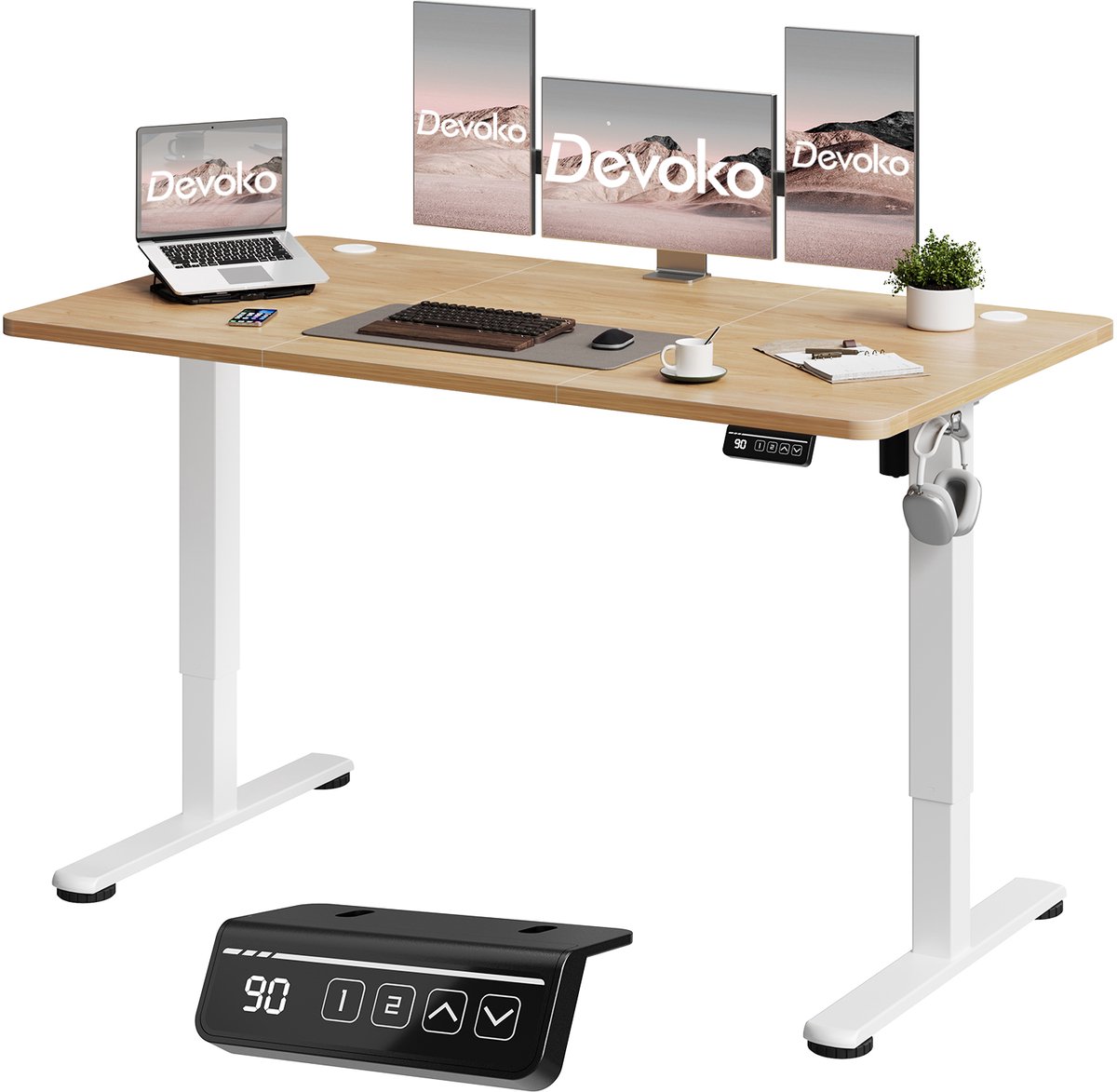 Devoko Elektrisch Zit-sta Bureau 140x60 cm – Stille Motor met Geheugenfunctie – 4 Knoppen Handbediening – Beige