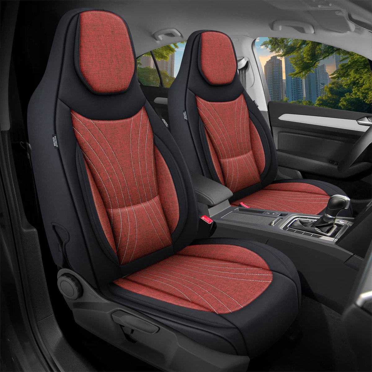 Autostoelhoezen voor Suzuki Wagon R Bj 2000-06 – Stoelhoezen voor bestuurder en passagier in Zwart/Wijnrood