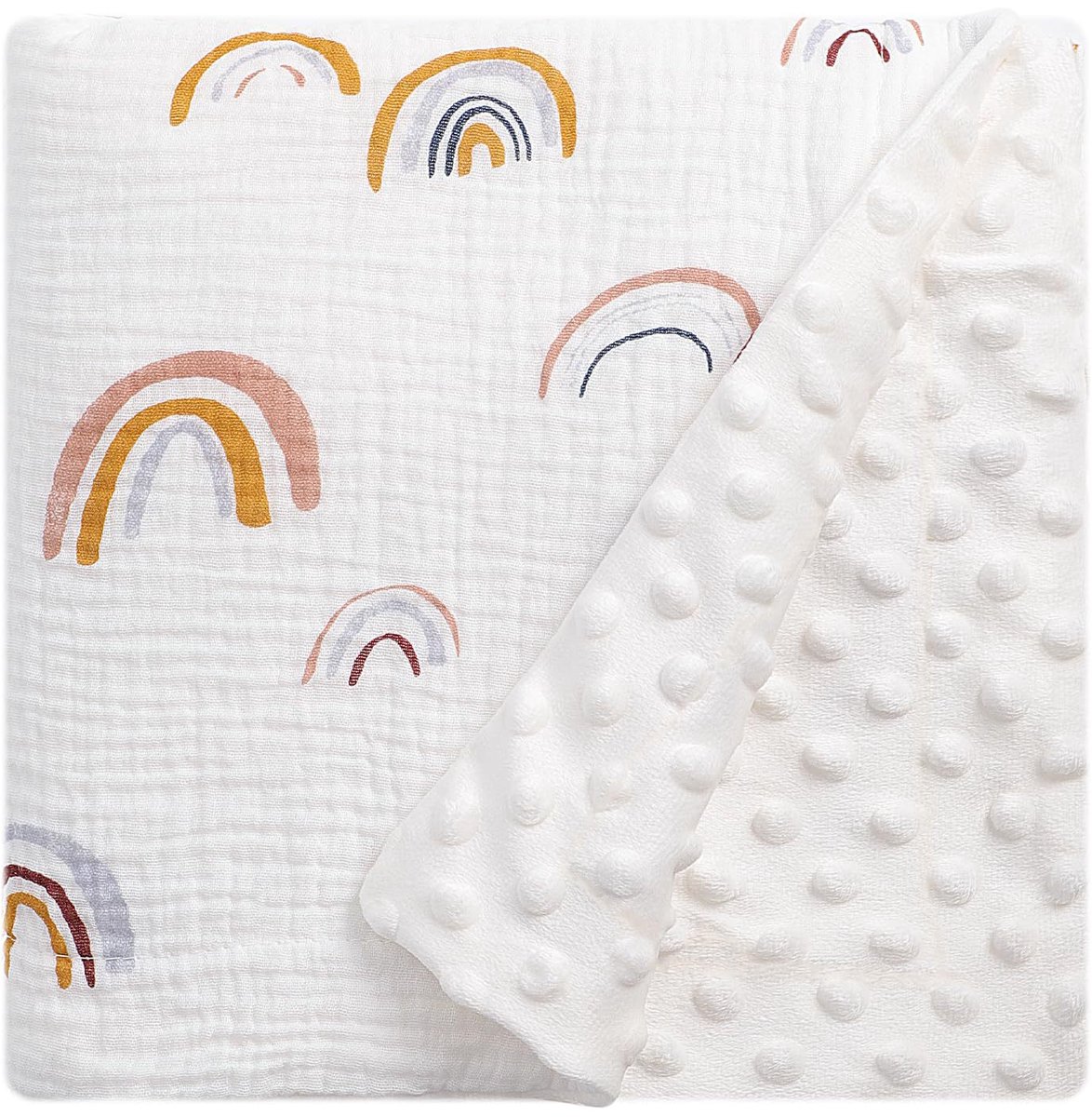 Babydeken van katoengaren, 75 x 100 cm, pasgeboren deken, 100% puur katoen en fleece, multifunctioneel dubbelzijdig babydoopcadeau, geschikt voor kinderwagens, als troostdeken of babywikkeldeken,regenboog