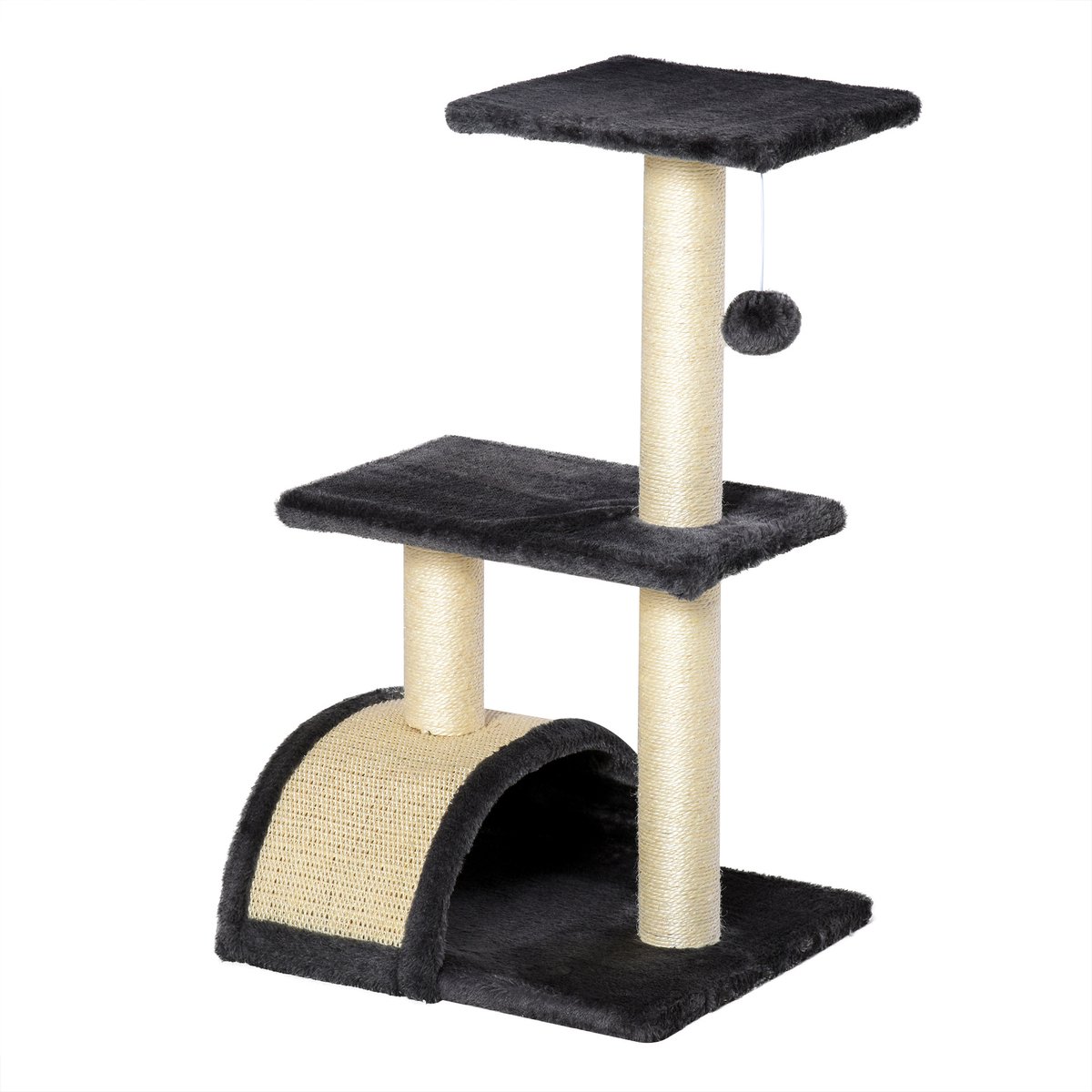 Modern kattenmeubel: een klein klimrek met drie verdiepingen, voorzien van hangende balletjes waarmee katten kunnen spelen en uitrusten
