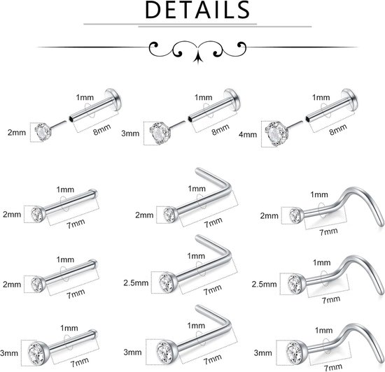 Neuspiercing, set van 22 stuks, 18G roestvrij staal, met neusring en neusstekers, septumpiercing, sieraden, lippiercing, goud- en zilver, voor neus, septum, lip, helix, tragus, daith — afbeelding 2
