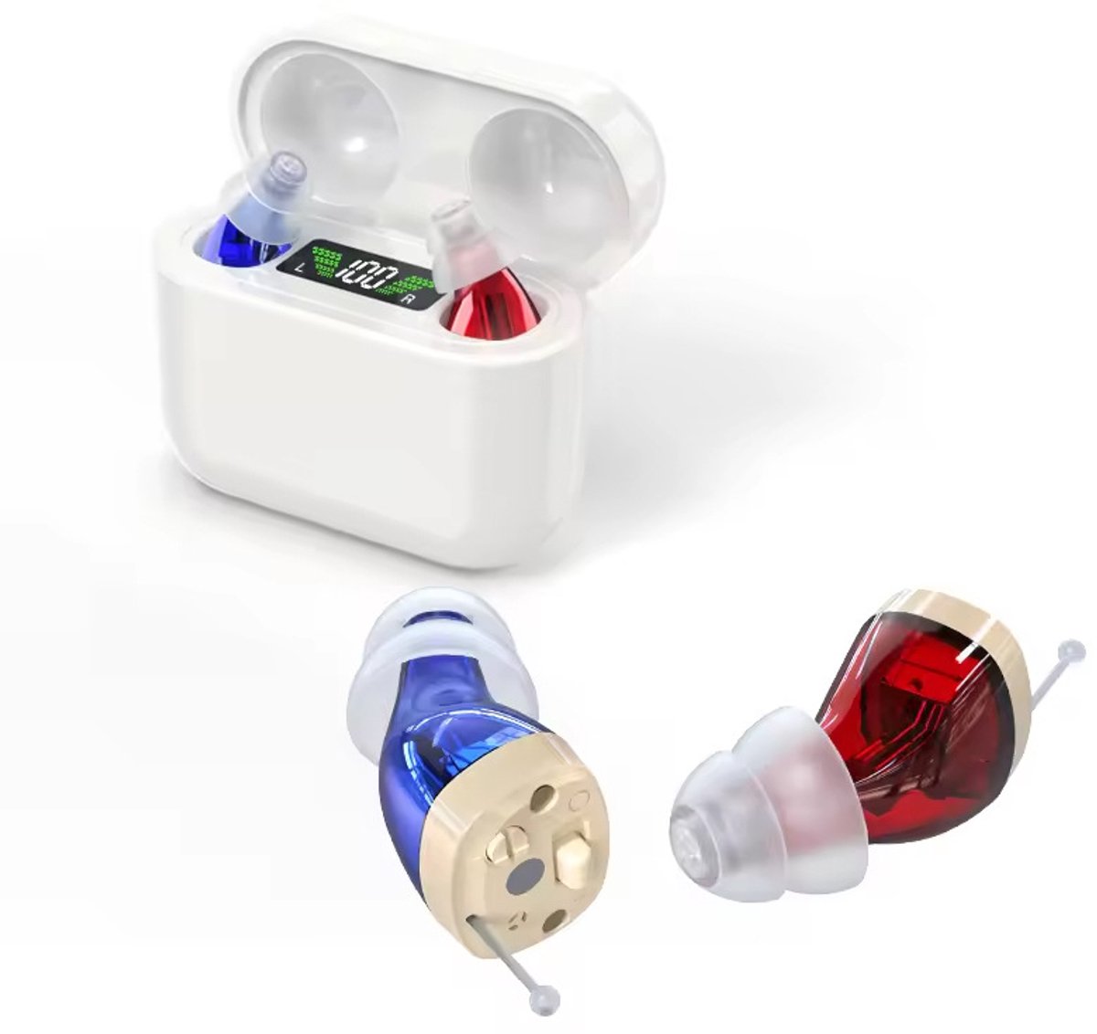 Oplaadbare digitale in-ear hoofdtelefoons (PIE's) speciaal ontworpen geschikt voor senioren, met superieure geluidskwaliteit, intelligente ruisonderdrukking en batterijstatusweergave.