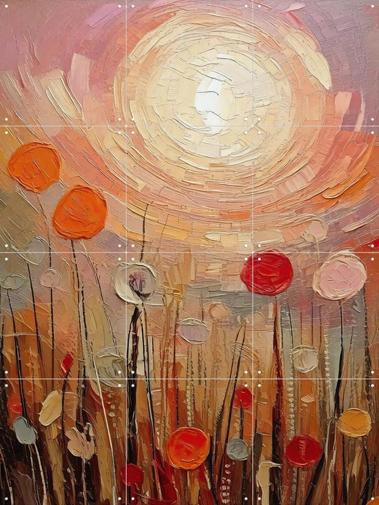 Close-up van abstract schilderij met oranje en rode bloemen onder een zonnige hemel, olieverfkwaststreken.