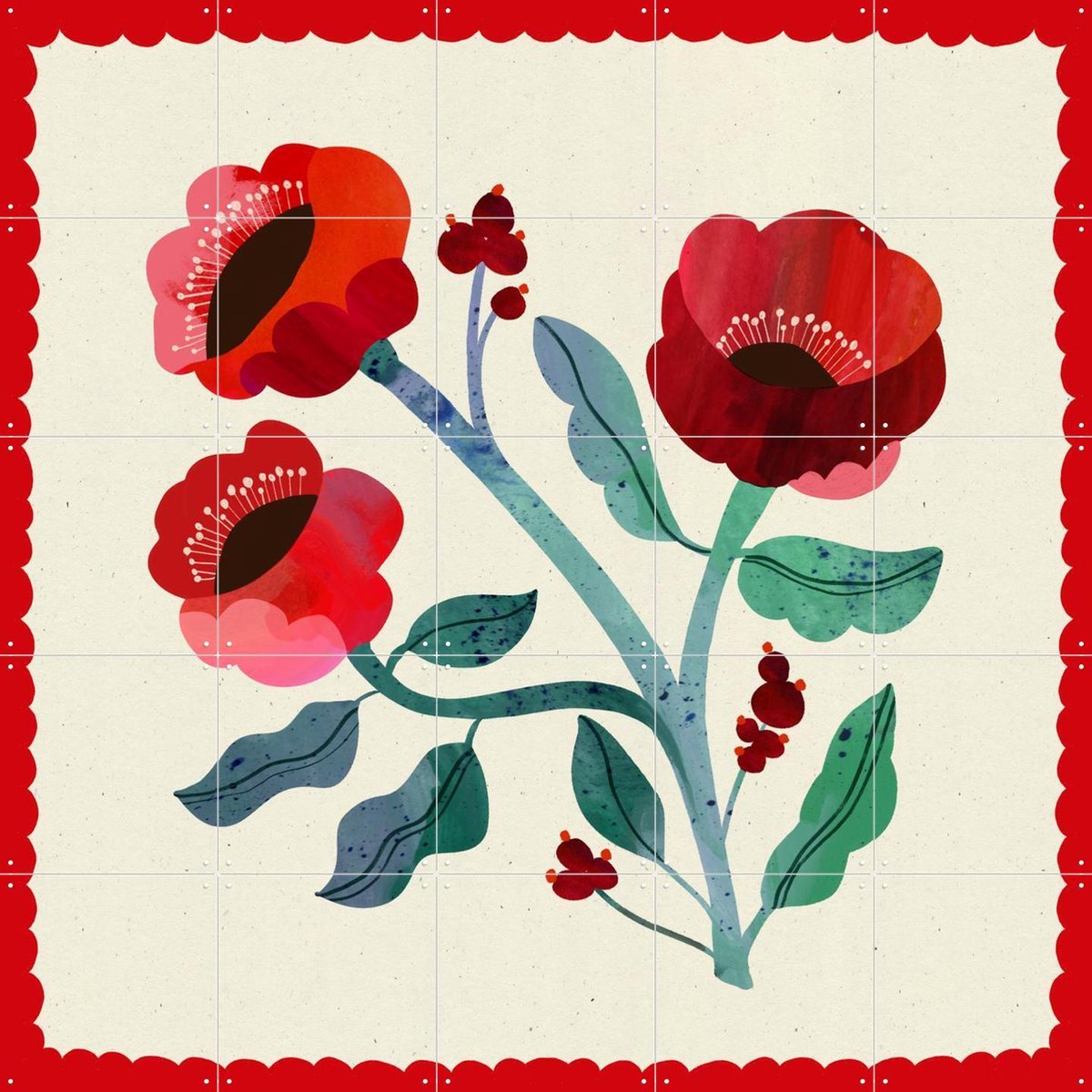 IXXI Red Flower, Lena Addink - 100 x 100 cm - Gratis ophangtool - Grote wanddecoratie en posters - Illustraties, Speels, Woonkamer, Slaapkamer
