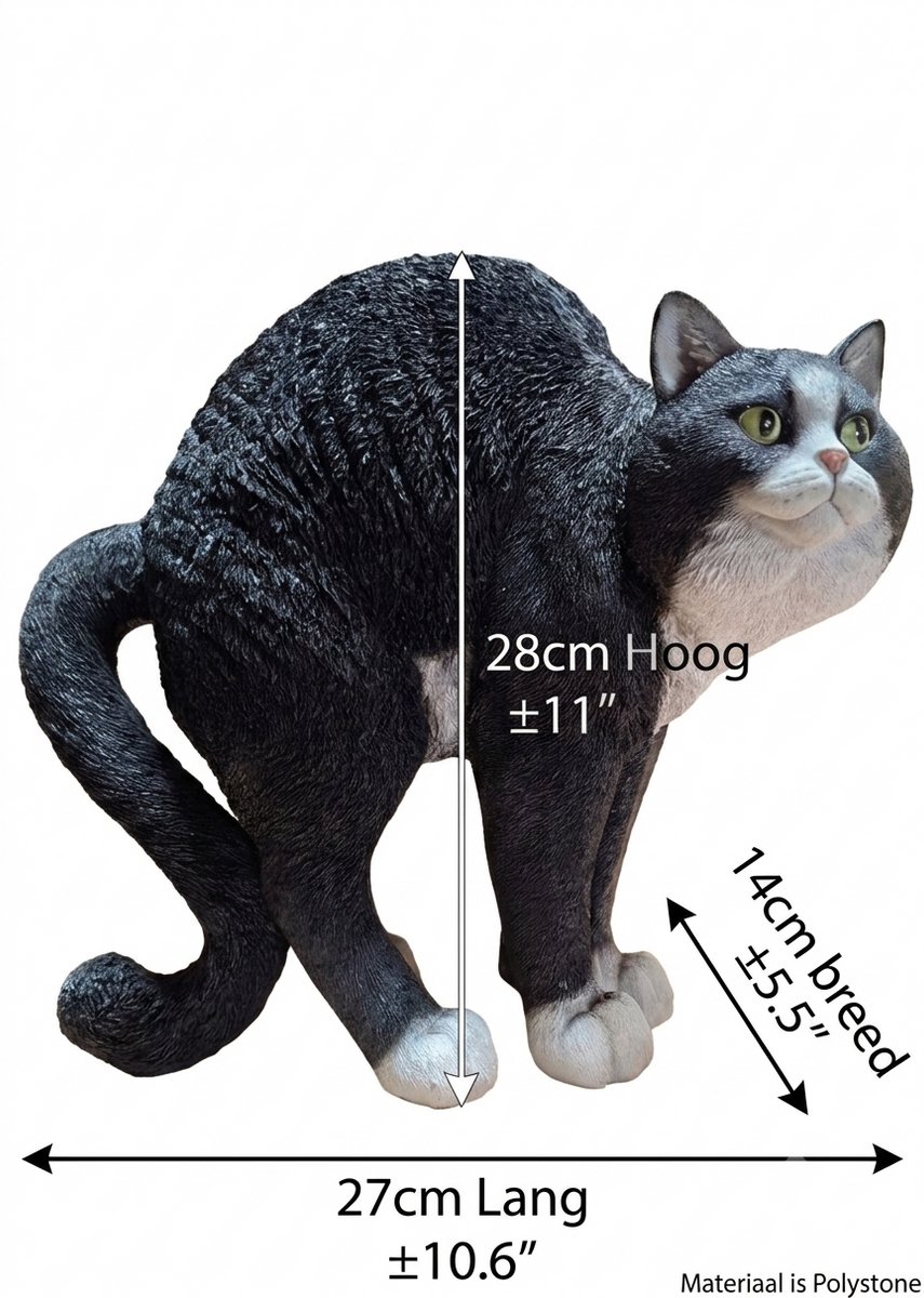 DecoKat Kattenbeeld Zwart/Wit – Binnen & Buiten – Polystone – 28 cm Hoog – Gedetailleerd Beeldje Kat met Hoge Rug – Decoratie Woonkamer & Tuin