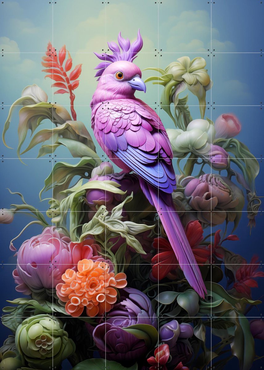 IXXI Purple Bird, OTTI - 100 x 140 cm - Gratis ophangtool - Grote wanddecoratie en posters - Speels, Modern, Digitale Kunst, Kleurrijk, Woonkamer
