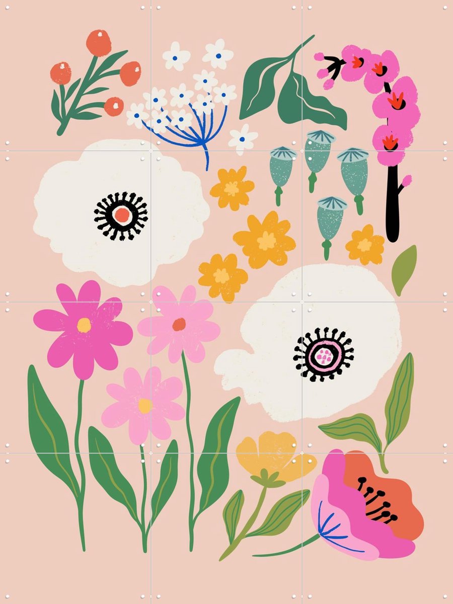IXXI White Poppies Meadow, Katarzyna Gąsiorowska & Various - 60 x 80 cm - Gratis ophangtool - Grote wanddecoratie en posters - Speels, Illustraties