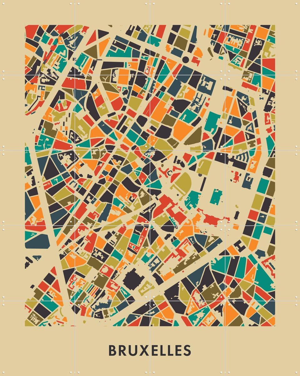 IXXI Bruxelles Mosaic Map, Kunst in Kaart - 80 x 100 cm - Gratis ophangtool - Grote wanddecoratie en posters - Street art, Geometrische Kunst