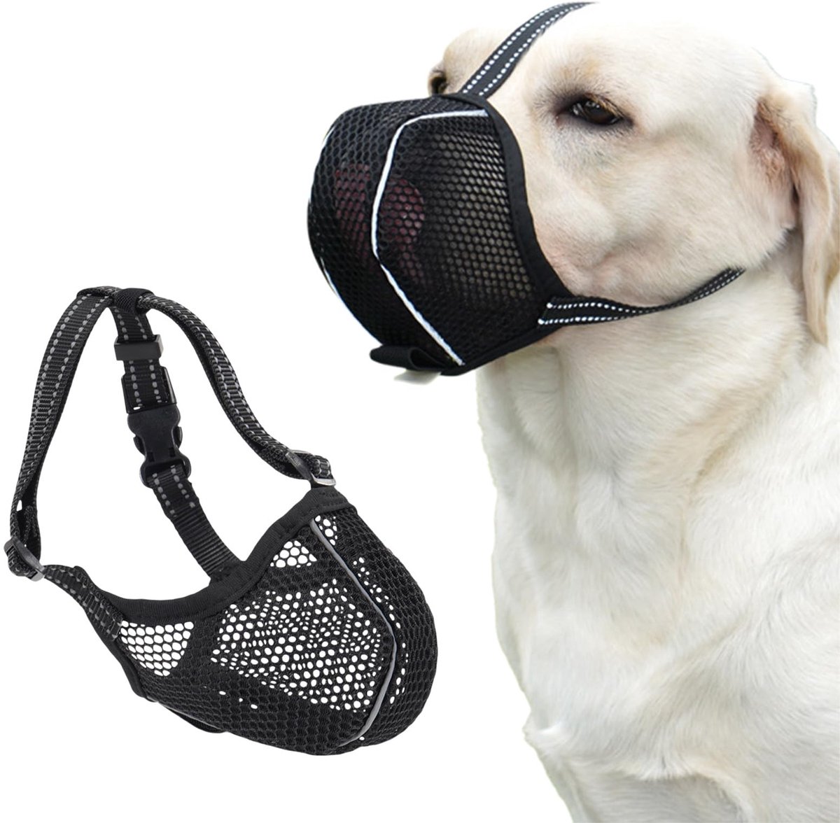 SnelShoppen - Muilkorf voor honden, ademend mesh-design met reflecterende strepen, verstelbaar hondenmasker voor kleine rassen, eetbescherming, voorko