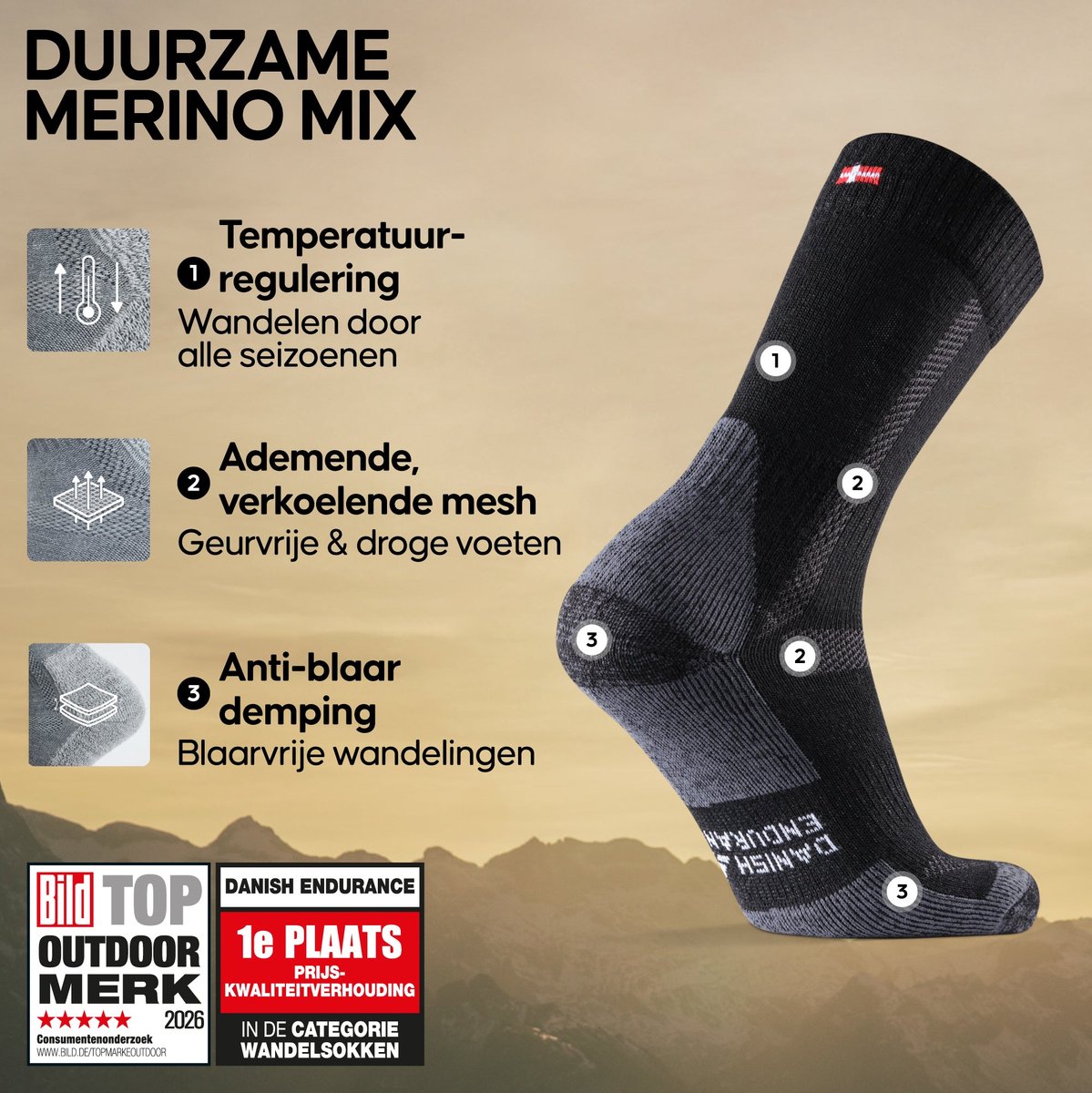 DANISH ENDURANCE Wandelsokken - Ademend Merino Wol met Blarenbescherming - Unisex - 3 Paar - Maat 39-42 — cadeau in Sport & Outdoor - foto 2