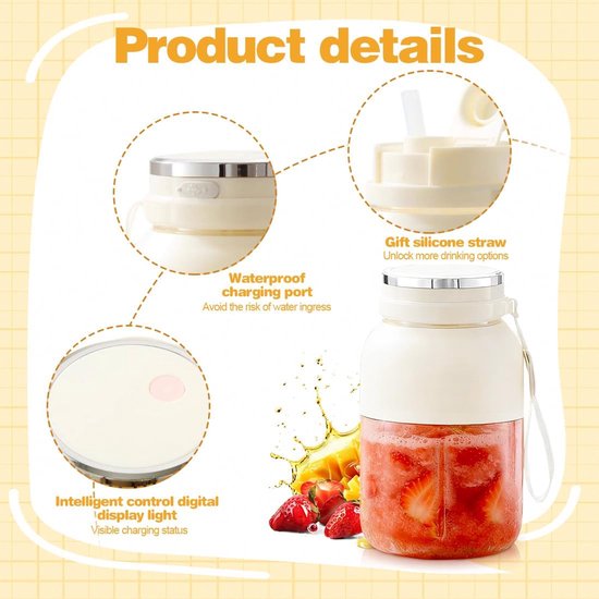 Mini Blender - Smoothie Maker Juicer - Verse Drankjes Maken - 38-Bladen Systeem - 1300 ml - Wit van MINI — afbeelding 4
