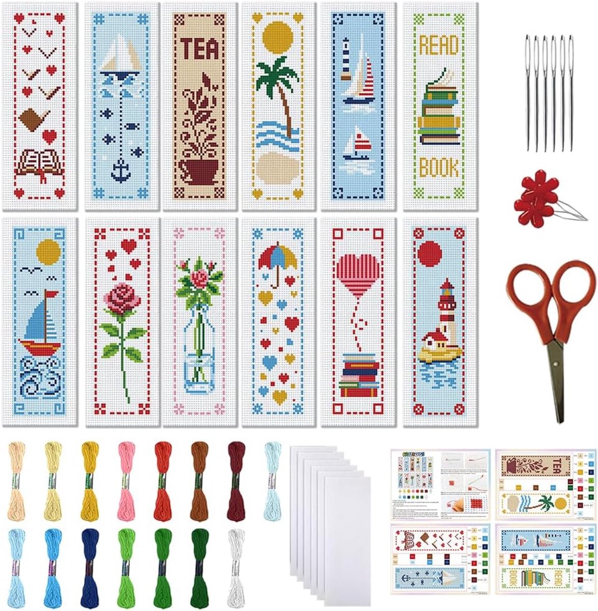 Kits 11CT Minimalistische Illustraties Patroon Gestempeld Kruissteek Kit voor Beginners met Instructies Borduurwerk Bladwijzer Maken Kit voor Volwassenen 8x2.4"