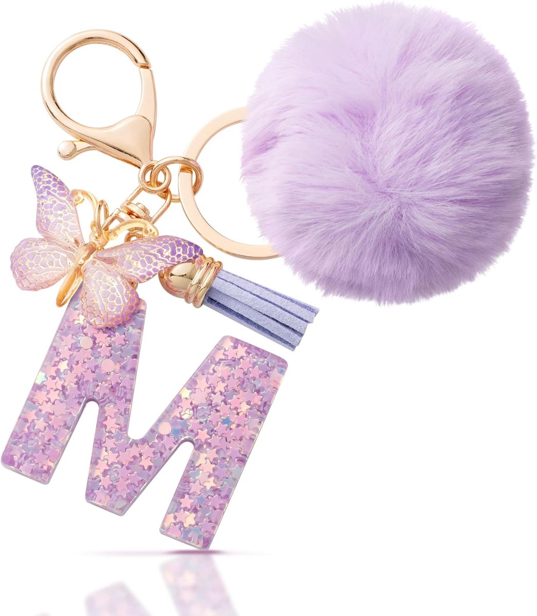 Sleutelhanger letter geschenken meisjes sleutel hanger met pompon beginletters sleutelhanger letter vlinder voor vrouwen dames verjaardagscadeau