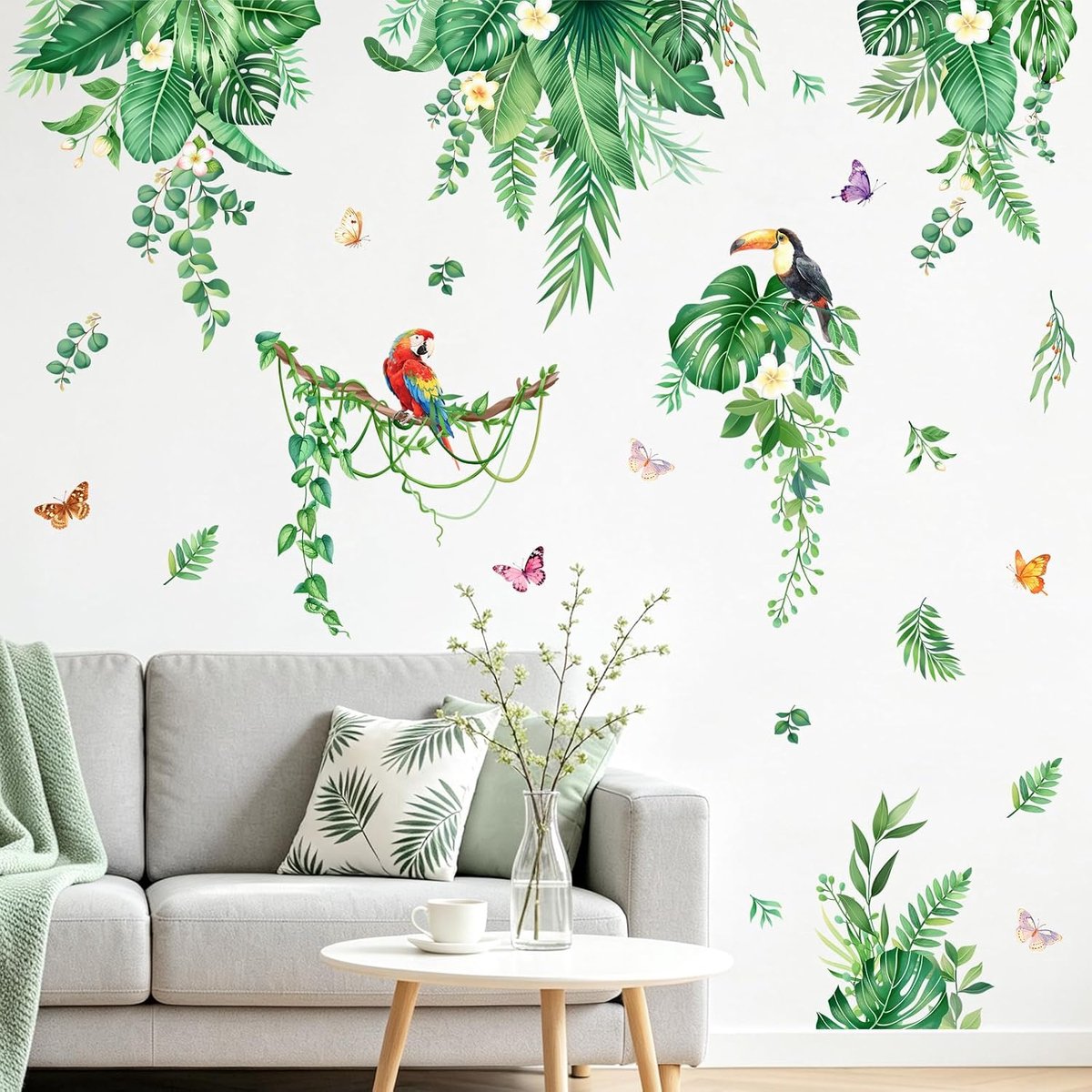 Muursticker jungle planten tropische palmbladeren XL muursticker vogels groene planten ranken muursticker natuurlijke wanddecoratie voor woonkamer slaapkamer badkamer bank achtergrond